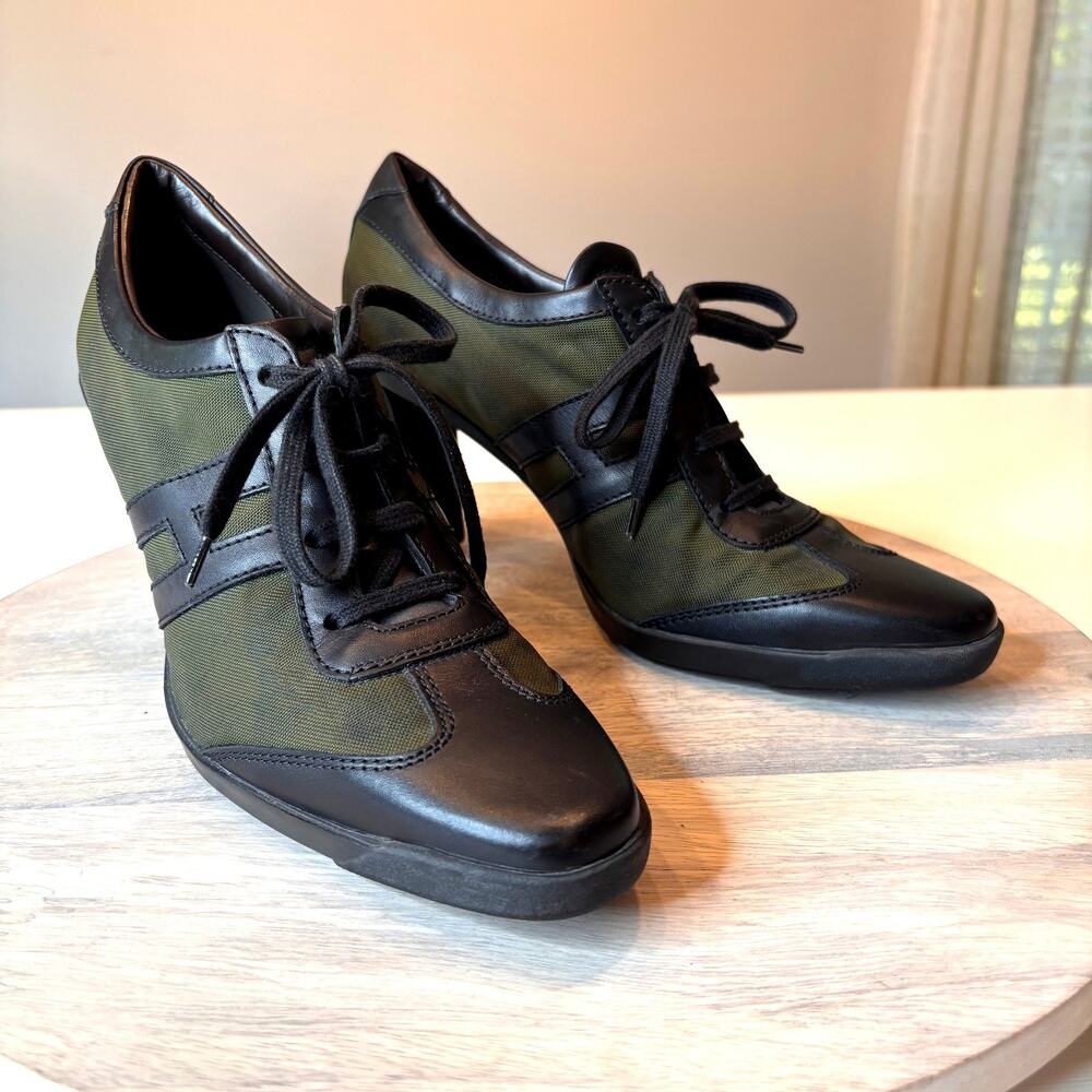 Hogan Italy Lace Up Heels Women's Olive Black Leather Oxford Pumps EU 40 US 9
